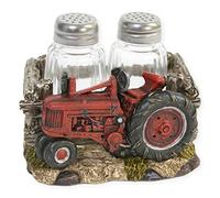 Slifka Red Tractor Natural Brown 4 x 4 Inch Resin and Glass Salt and Pepper Shaker Set
