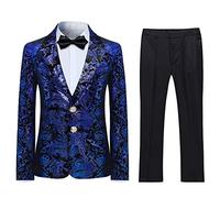 Sliktaa Boys 2 Pieces Suits Tuxedo Suit Shiny Sequins Peak Lapel Slim Fit Jacket Pants Party Performance Blue 16 Years