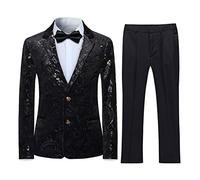 Sliktaa Boys 2 Pieces Suits Tuxedo Suit Shiny Sequins Peak Lapel Slim Fit Jacket Pants Party Performance Black 16 Years