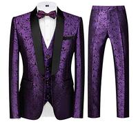 Sliktaa Men Three Piece Formal Jacquard Tuxedo Suit Wedding Set, Purple, L