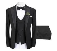 Sliktaa Men Three Piece Wedding Suit One Button Slim Fit Formal Set,Black,L