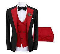 Sliktaa Men Three Piece Wedding Suit One Button Slim Fit Formal Set,Red,XL