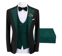 Sliktaa Men Three Piece Wedding Suit One Button Slim Fit Set,Dark Green,M