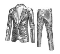 Sliktaa Mens 2Pce Suit Glossy Shiny Waterproof Blazer and Pants Silver L