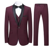 Sliktaa Mens Suits 3 Pieces Slim Fit Wedding Formal Dinner Suit Black One Button Notched Lapel Tuxedo Blazer Jacket Trousers and Waistcoat #N976 Wine Red XS
