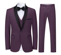 Sliktaa Mens Suits 3 Pieces Slim Fit Wedding Formal Dinner Suit Black One Button Notched Lapel Tuxedo Blazer Jacket Trousers and Waistcoat #N976 Purple M