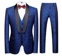 Sliktaa Men's Suits 3 Pieces Wedding Formal Classic Business Shawl Collar Wedding Jacquard Dress Tuxedo Jacket Vest and Trouser, Blue2, M