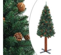 Slim Artificial Christmas Tree with Real Wood Base & Pine Cones - Green 210 cm