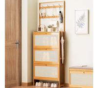 Slim Bamboo Coat Rack & Shoe Cabinet with Folding Drawers and Hooks 2-in-1 Entryway nizer for Coats & Shoes Space-Saving Hallway Storage Solution