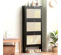 Slim Bamboo Shoe Cabinet - 4-Tier Freestanding Storage Rack with Rattan Mesh Narrow Design for Entryway & Hallway Large Capacity 17cm Deep Tipping Doors for Easy Access