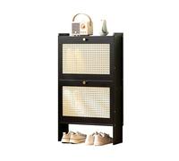 Slim Bamboo Shoe Cabinet Narrow 4-Tier Rattan Mesh Storage Rack with Tipping Doors Freestanding for Entryway & Hallway High Capacity Space-Saving Design (Black 50x17x87cm)