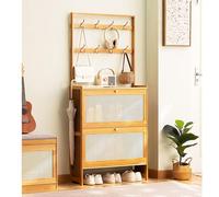 Slim Bamboo Shoe Rack with Hooks 2-in-1 Foldable Shoe Storage Shelf Independent for Entryway Hallway & Narrow Spaces - A-70 * 17 * 152 cm