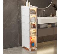 Slim Bathroom Storage Cabinet for Toilet Paper 5 Tier Tall Floor Organizer with Clear Plastic Drawers 7 & 9 Inch Wide Rolling Design SpaceSaving in Transparent White.