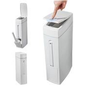 Slim Bathroom Trash Can Set With Toilet Brush Holder - 1.2-Gallon Press-Opening White Rectangular Bin for Kitchen - Space Saving 16.5x8x4.3in