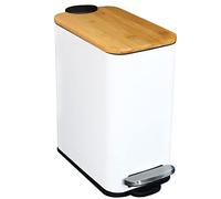 Slim Bathroom Trash Can with Bamboo Lid Soft Close and Foot Pedal, Small Rectangular Garbage Can with Removable Inner Wastebasket for Bedroom, Powder Room, Craft Room, Office, 1.3Gal/5L, White