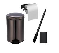 Slim Bathroom Trash Can with Brush, Paper Holder, 7L Foot-Operated Stainless Steel Garbage Can with Soft Close Lid Step Trash Bin with Removable Inner Bucket for Bedroom, Office, Black, 1.5 Gallons