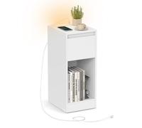 Slim bedside table with charging station LED light and storage drawer, Cloud White / 2