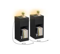 Slim bedside table with charging station LED light and storage drawer, Ebony Black / 2