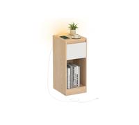 Slim bedside table with charging station LED light and storage drawer, Oak Beige + Cloud White / 1