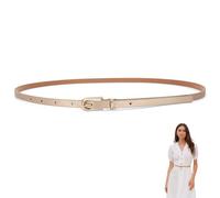 Slim Beige Leather Belt for Women with Rose-Gold Buckle - Adjustable Thin Waist Belt for Dresses, Jeans, Trousers, Skirts, Formal and Casual Wear, Minimalist Textured Skinny Ladies Accessory