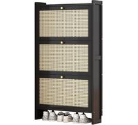 Slim Black Wood Rattan Shoe Cabinet - Stylish Hallway Storage with 2/3 Flap Drawers Space-Saving Design (Size: 120x70cm) for nized Entryway.