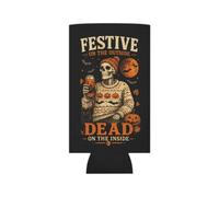 Slim Can Festive on the Outside Dead on the Inside Funny Halloween Can Cooler, Double-Sided Neoprene Drink Sleeve, Fits Slim 12 oz Cans, Skeleton Halloween Gift