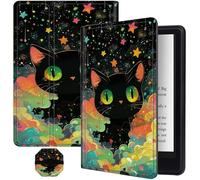 Slim Case for All-New Kindle Fire 7 12th Gen 2022 Release + 1 Screen Clean Pad, Folding PU Leather Soft TPU Inner Case with Auto Wake/Sleep for Kindle Fire 7 12th, Black Cat Rainbow Stars