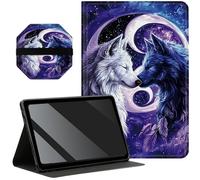Slim Case for Samsung Galaxy Tab A8 10.5 inch 2022 SM-X200/X205/X207 + 1 Screen Clean Pad, Folding Stand PU Leather Case Soft TPU Inner with Auto Wake/Sleep, White Black Wolfs