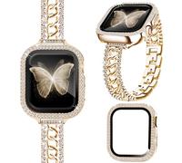 Slim Chain Bracelet for Apple Watch Series 11 10 Band with 46mm Protect Case, Gold Bling Cowboy Glitter Diamond Rhinestone Strap for iWatch Bands, Dressy Women Metal Adjustable Wristband