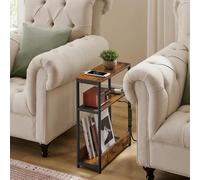 Slim Charging Station Table, Compact Nightstand With Magazine Storage, Bedroom End Table, Rustic Brown And Ink Black