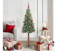 Slim Christmas Tree, Green, 150 cm PVC, Solid Pine Wood Base, Pre-Lit with 150 Warm White LED Lights, Artificial Flocked Snow, for Indoor & Sheltered Outdoor Use