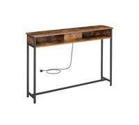 Slim Console Table With Charging Station and 2 Compartments, Rustic Brown + Ink Black