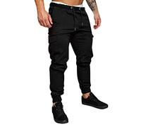 Slim Fit Cargo Trousers for Men, Casual Solid Color Elasticated Waist Drawstring Sweatpants with Multiple Pockets Lightweight Outdoor Hiking Walking Sweatpants Men's Joggers Sweatpants Black