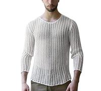 Slim Fit Long Sleeve Basic T Shirt for Men Street Woven Solid Color Mesh Knitted Long Sleeve Top for Indoor Outdoor Sports Daily Life (White, L)