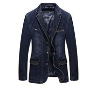 Slim Fit Mens Denim Jean Jacket Lapel Blazer Sport Three Button Vintage Suits Jackets for Men Dark Blue XX-Large