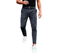 Slim Fit Pants Checkered Print Tapered Leg Modern Office Trousers Stretch Cotton Blend European Style Black