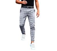 Slim Fit Pants Checkered Print Tapered Leg Modern Office Trousers Stretch Cotton Blend European Style Grey