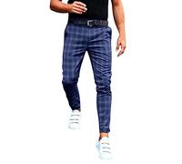 Slim Fit Pants Checkered Print Tapered Leg Modern Office Trousers Stretch Cotton Blend European Style Blue