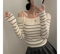 Slim fitting striped longsleeved sweater with off the shoulder straps, polyester knit with moderate elasticity for everyday wear, vacation, and club activities (M Apricot strips)