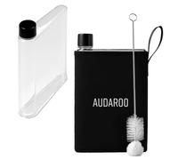 Slim Flat Water Bottle For Purse, Travel, Work, Gym - BPA-Free 14.2 oz Leakproof Plastic Flask with Cleaning Brush & Neoprene Sleeve - Portable A5 Water Bottle For Handbags, Backpacks, Office