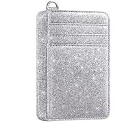 Slim Front Pocket Wallet RFID ID Card Holder Cute Small Wallet with Keychian for Women, A Glitter Silver, Card Holder Only, Casual,minimalist,modern