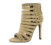 Slim Heel Sandals for Women Openwork Vintage Studs Back zip Open-toe 11CM (Khaki,8.5)
