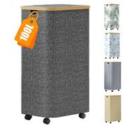Slim Laundry Basket with Lid - Large Washing Hamper with Wheels and Removable Bag Dirty Clothes Storage - 100L Grey Wash Bin Tall Narrow Collapsible Baskets - Slimline Clothe Box for Bedroom Bathroom