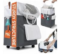 Slim Laundry Basket with Wheels - Foldable Fabric Laundry Hamper with Detachable Bag, Side Pouches - Lightweight Laundry Trolley, Small Washing Basket for Baby Clothes, Bedroom, Bathroom