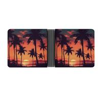 Slim Leather Wallet for Men - Frog In A Pond Bifold Credit Card Holder with Money Clip & 6 ID Window, Palm Tree Summer Sunset, One Size, Modern