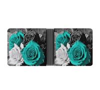 Slim Leather Wallet for Men - St Basil Cathedral Red Square In Moscow Bifold Credit Card Holder with Money Clip & 6 ID Window, Black White Teal Gray Rose Flowers, One Size, Modern