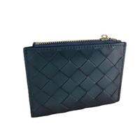 Slim Minimalist Wallets for Women Genuine Leather Front Pocket Wallets Zipper Credit Card Holder Compact Woven Design Card Cases (Dark Blue)