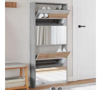 Slim Mirrored Shoe Cabinet with 5 Flip DrawersTall Storage Organizer for Hallway Entryway or Living RoomStylish Grey Oak Sideboard Unit Saving Design