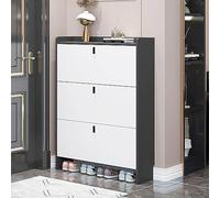 Slim Modern Shoe Cabinet Hidden Entryway Storage with Doors Free Standing Tipping Bucket Shoe Rack Narrow Hallway with Top Shelf & Cubby for Shoes