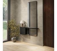 Slim & Narrow Black Oak Floating Console Table with Mirror & Storage - Izzi